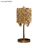 Modernist Led Lounge Table Lamp Clear/Champagne Crisscross Cylinder Nightstand Light
