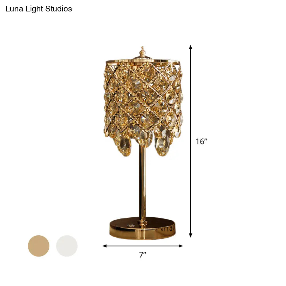 Modernist Led Lounge Table Lamp Clear/Champagne Crisscross Cylinder Nightstand Light