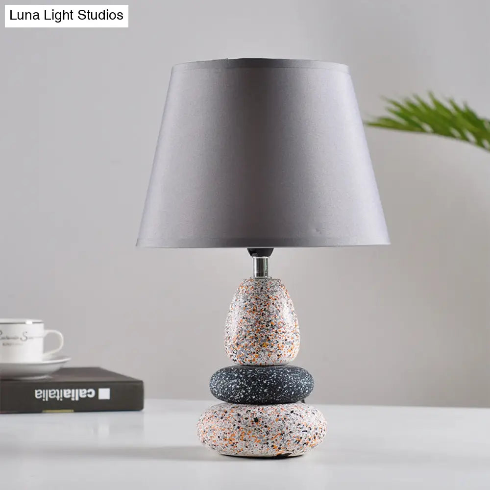 Modernist Led Night Table Lamp In Black/Grey Ceramic Stone Shape With Fabric Shade