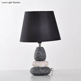 Modernist Led Night Table Lamp In Black/Grey Ceramic Stone Shape With Fabric Shade