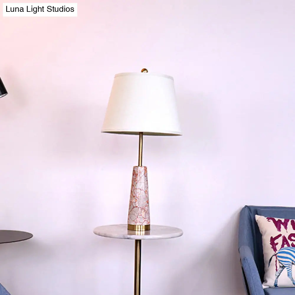 Modernist Marble Cone Nightstand Lamp With Red 1-Head And White Fabric Shade