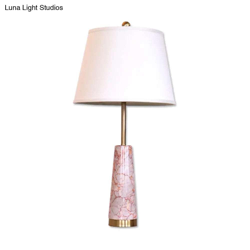 Modernist Marble Cone Nightstand Lamp With Red 1-Head And White Fabric Shade