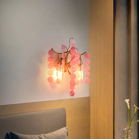 Modernist Metal 2-Head Wall Light Fixture In Brass With Crystal Deco - Bedroom Sconce Lighting Pink