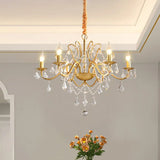 Modernist Metal Candle Chandelier - 6 Bulbs Brass Suspension Lamp With Crystal Strands