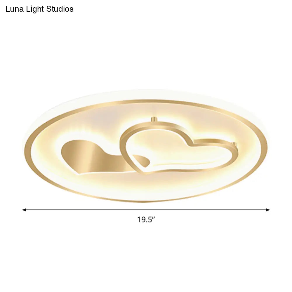 Modernist Metallic Flush Mount Light In Gold - Loving Heart Design Led Ceiling Fixture For Sleeping