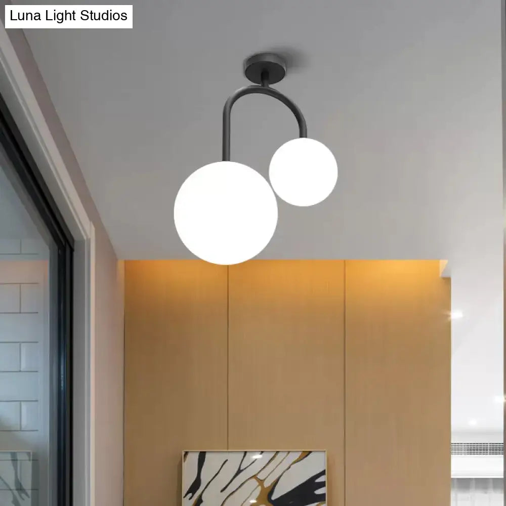 Modernist Milk Glass Ceiling Light Fixture - Semi Flush Mount With 2 Spherical Heads In Elegant
