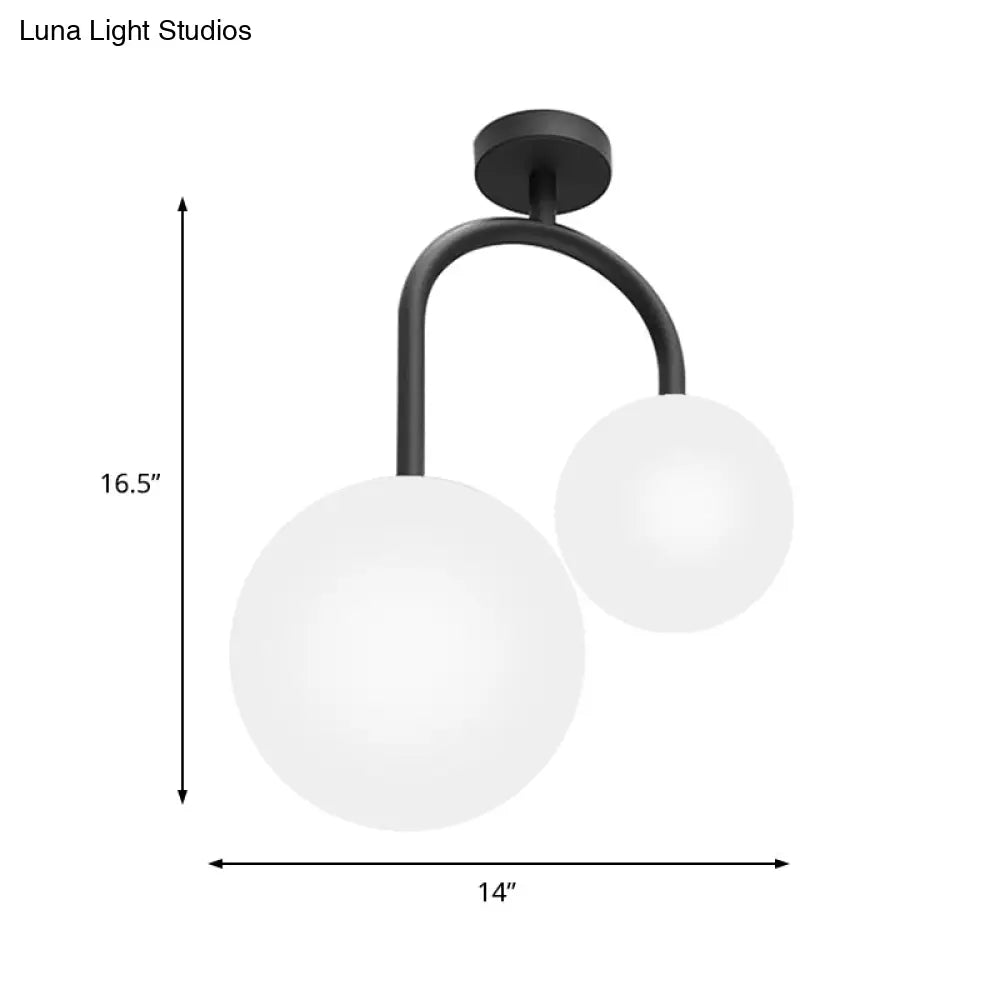 Modernist Milk Glass Ceiling Light Fixture - Semi Flush Mount With 2 Spherical Heads In Elegant
