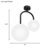 Modernist Milk Glass Ceiling Light Fixture - Semi Flush Mount With 2 Spherical Heads In Elegant