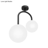 Modernist Milk Glass Ceiling Light Fixture - Semi Flush Mount With 2 Spherical Heads In Elegant