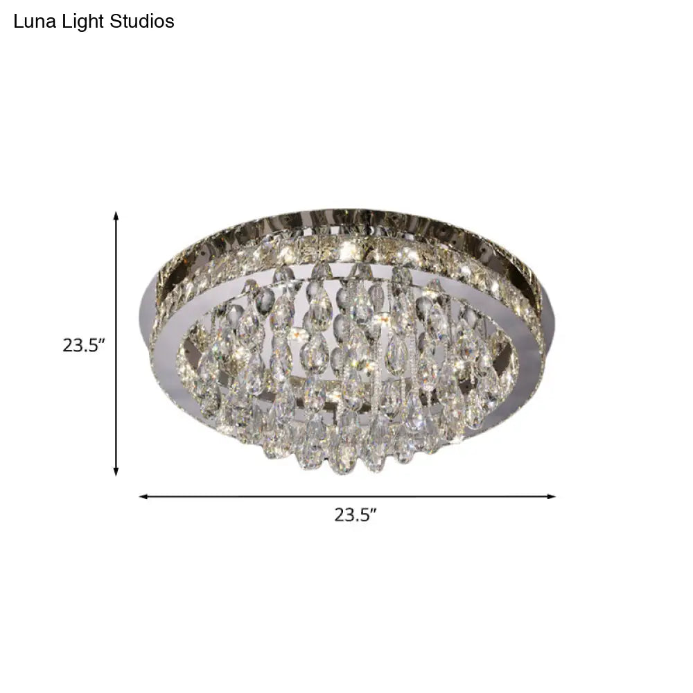 Modernist Nickel Led Ceiling Flush Light With Crystal-Encrusted Beveled Cut Circles And Drops