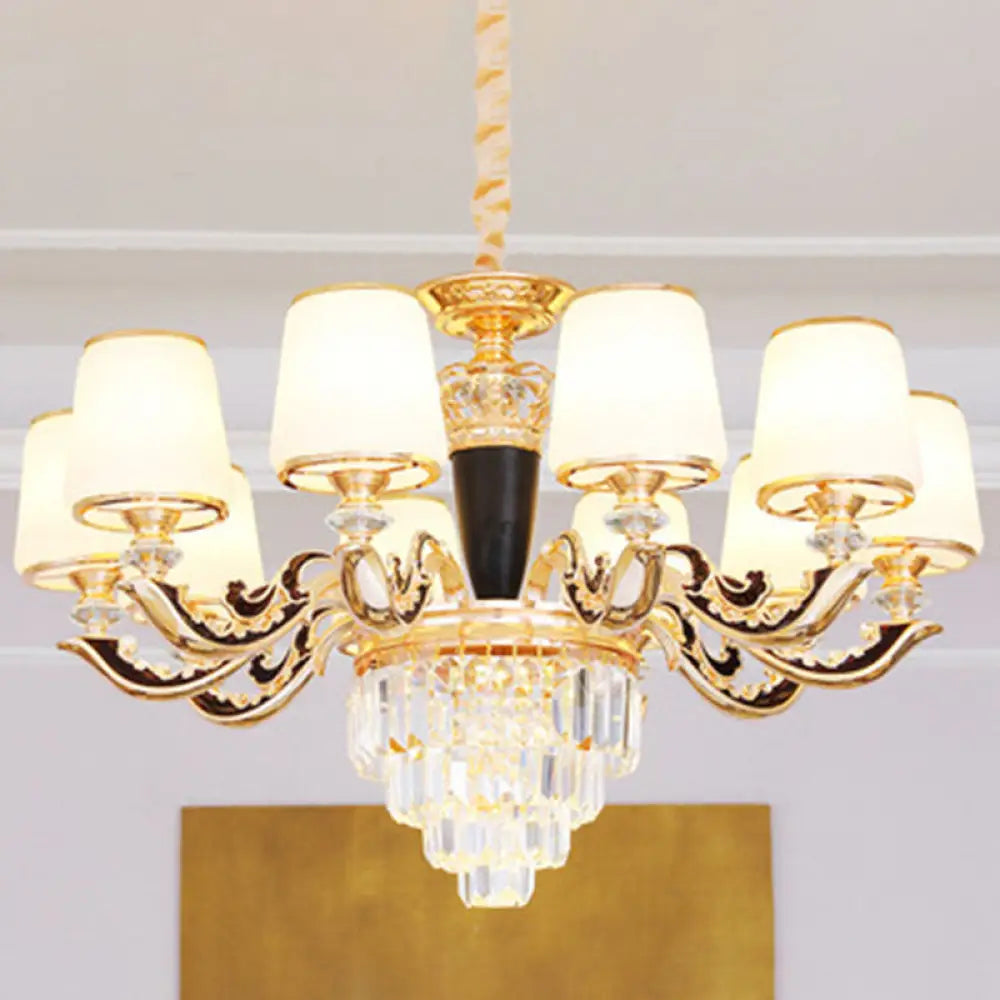 Modernist Opal Glass Gold Cone Chandelier With Crystal Accents - Stylish Pendulum Light 10 / White