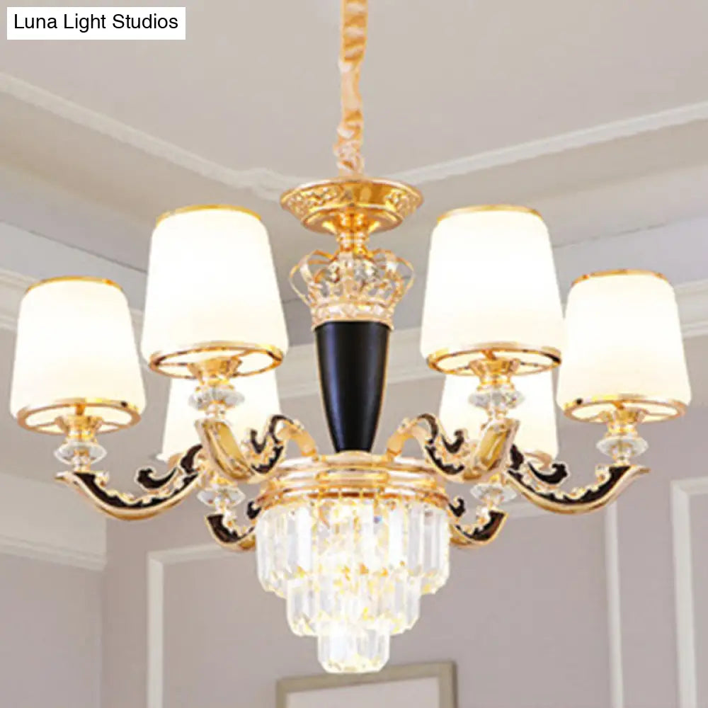 Modernist Opal Glass Gold Cone Chandelier With Crystal Accents - Stylish Pendulum Light