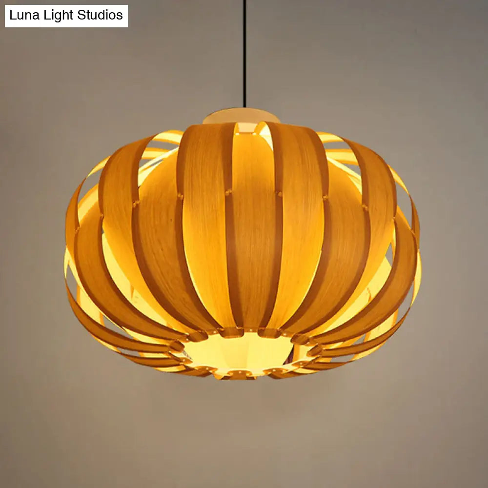 Modernist Pendant Light With Beige Lantern And Wood Shade - 1 Bulb Hanging Fixture