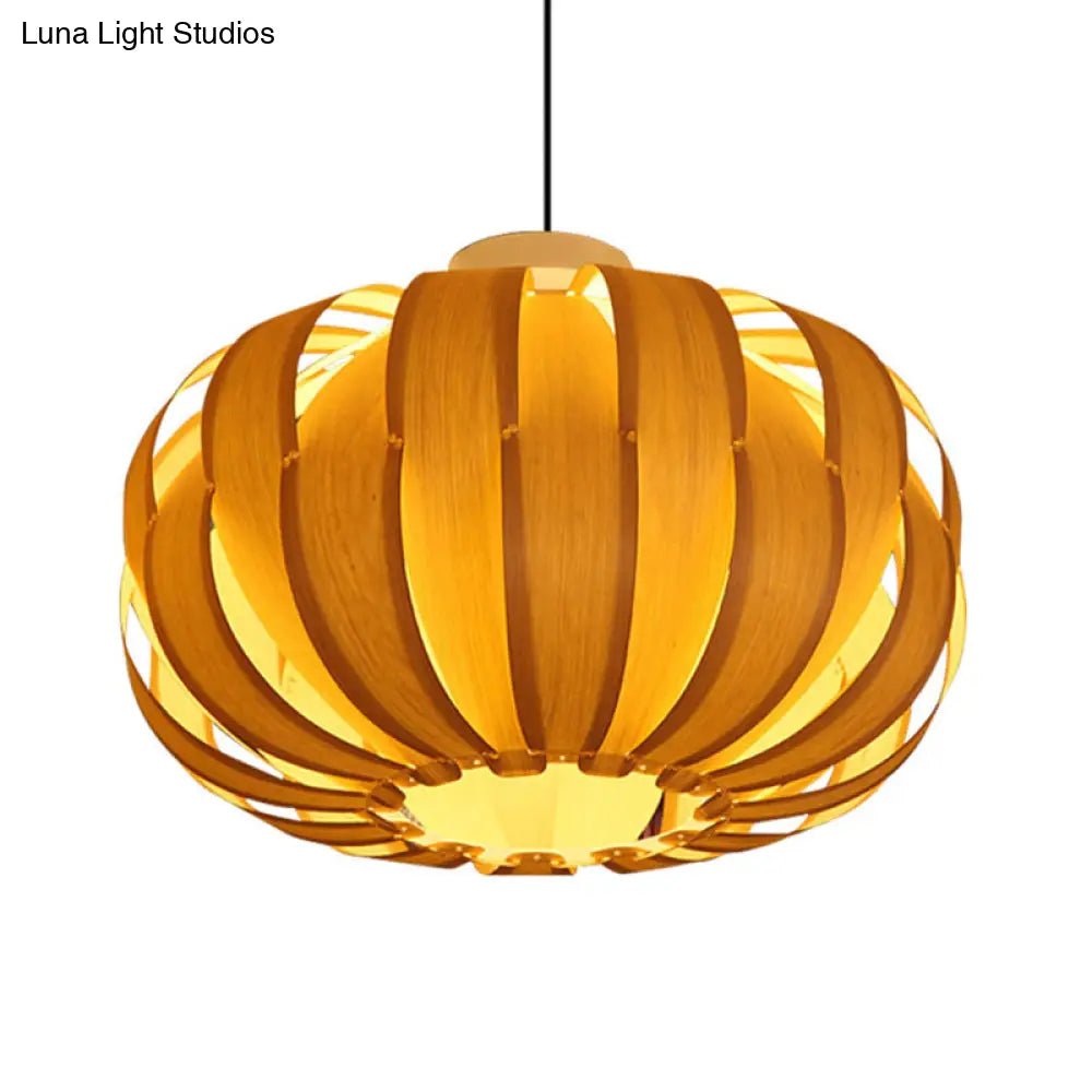 Modernist Pendant Light With Beige Lantern And Wood Shade - 1 Bulb Hanging Fixture