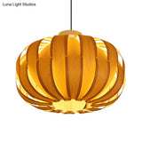 Modernist Pendant Light With Beige Lantern And Wood Shade - 1 Bulb Hanging Fixture