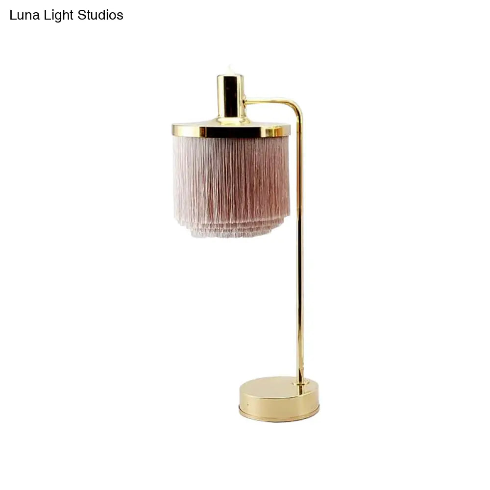 Modernist Pink Fabric Desk Lamp With Gold Arm - Tassels 1 Head Ideal For Bedside Or Night Table