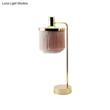 Modernist Pink Fabric Desk Lamp With Gold Arm - Tassels 1 Head Ideal For Bedside Or Night Table