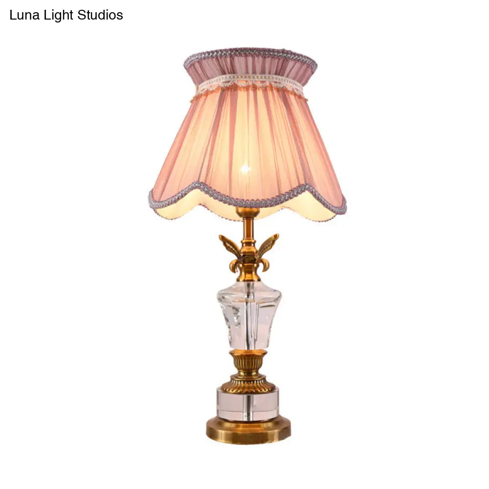 Modernist Pink Fabric Scallop Table Lamp With Braided Trim - 1 Bulb Reading Light