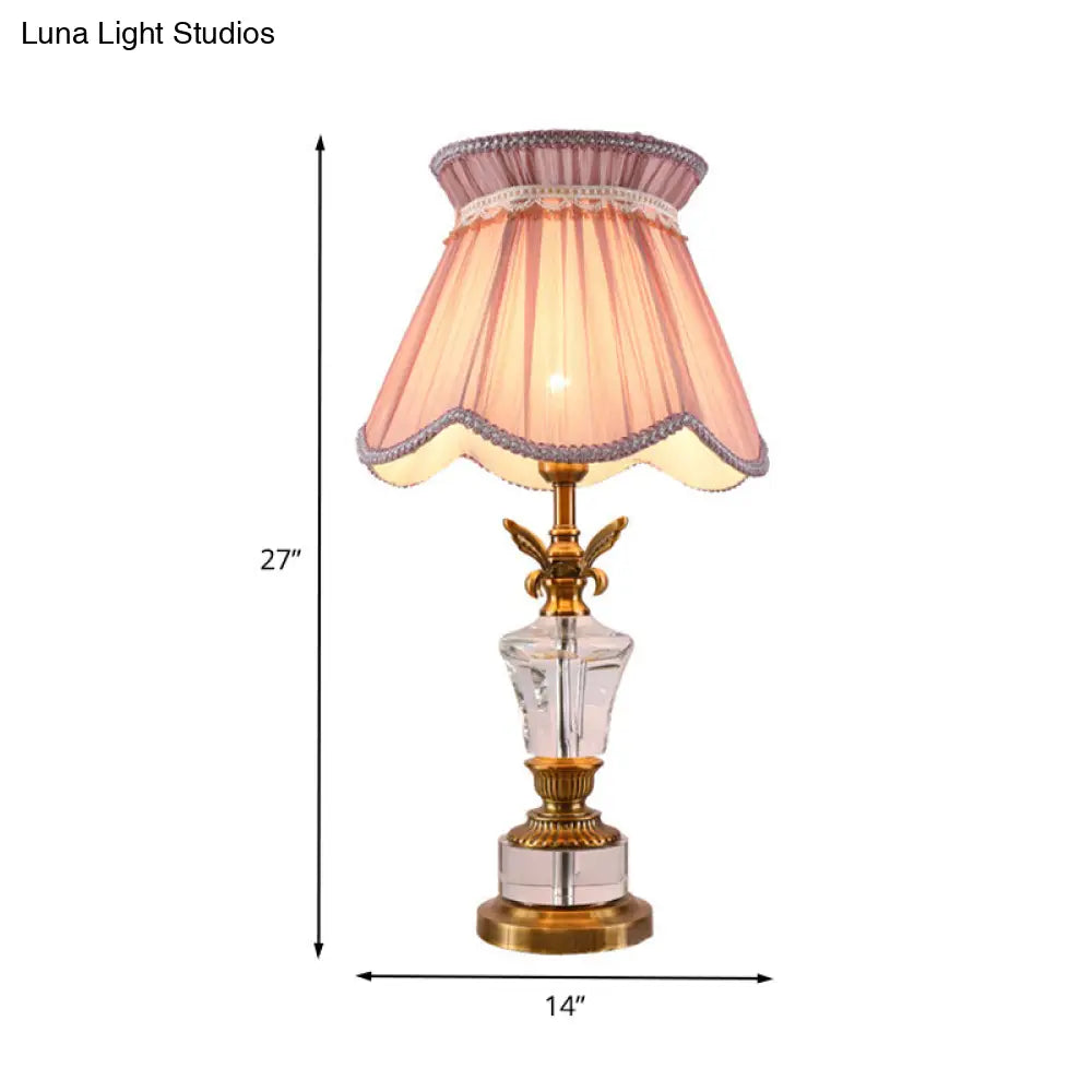 Modernist Pink Fabric Scallop Table Lamp With Braided Trim - 1 Bulb Reading Light