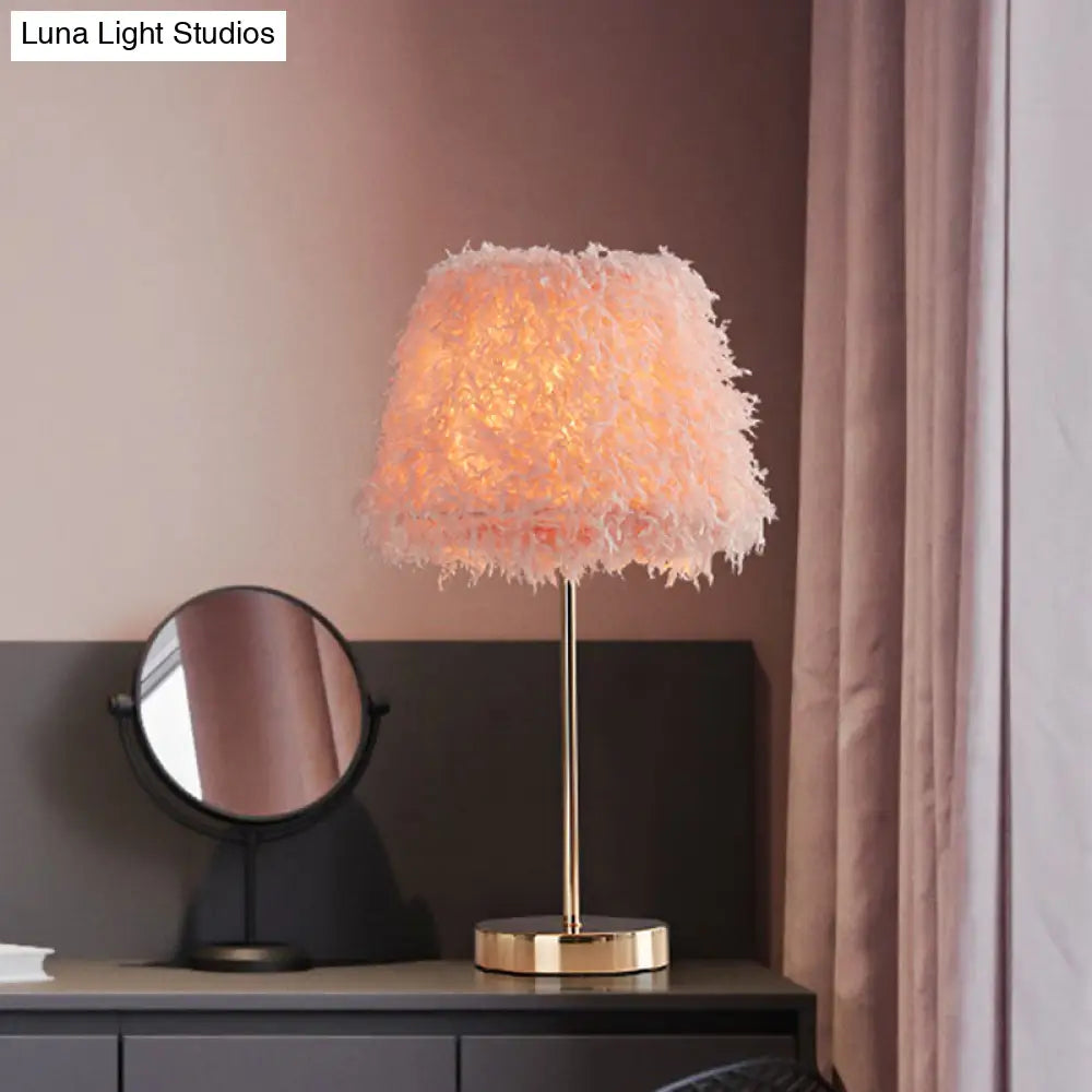 Modernist Pink/White Feather Nightstand Lamp With Gold Base - 1-Head Reading Light
