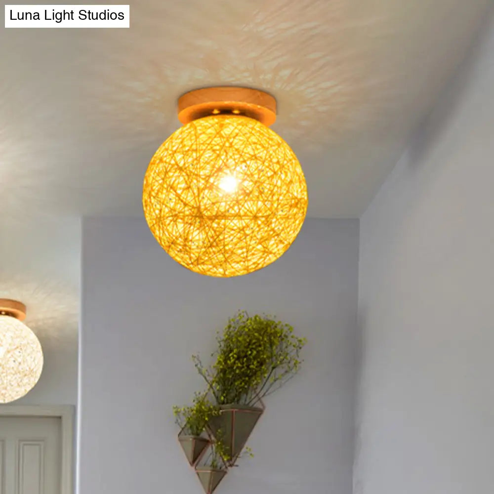 Modernist Rattan Ceiling Mount Light: Blue/Flaxen Globe Shade 6’/8’ Wide 1 Bulb Flush Lighting