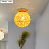 Modernist Rattan Ceiling Mount Light: Blue/Flaxen Globe Shade 6’/8’ Wide 1 Bulb Flush Lighting