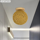 Modernist Rattan Ceiling Mount Light: Blue/Flaxen Globe Shade 6’/8’ Wide 1 Bulb Flush Lighting