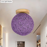 Modernist Rattan Ceiling Mount Light: Blue/Flaxen Globe Shade 6’/8’ Wide 1 Bulb Flush Lighting