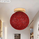 Modernist Rattan Ceiling Mount Light: Blue/Flaxen Globe Shade 6’/8’ Wide 1 Bulb Flush Lighting