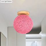 Modernist Rattan Ceiling Mount Light: Blue/Flaxen Globe Shade 6’/8’ Wide 1 Bulb Flush Lighting