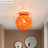 Modernist Rattan Ceiling Mount Light: Blue/Flaxen Globe Shade 6’/8’ Wide 1 Bulb Flush Lighting