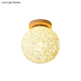 Modernist Rattan Ceiling Mount Light: Blue/Flaxen Globe Shade 6’/8’ Wide 1 Bulb Flush Lighting