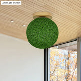 Modernist Rattan Ceiling Mount Light: Blue/Flaxen Globe Shade 6’/8’ Wide 1 Bulb Flush Lighting
