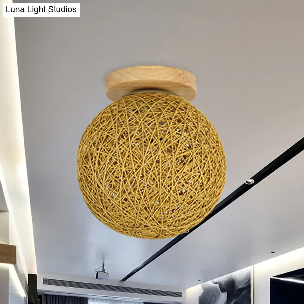 Modernist Rattan Ceiling Mount Light: Blue/Flaxen Globe Shade 6’/8’ Wide 1 Bulb Flush Lighting