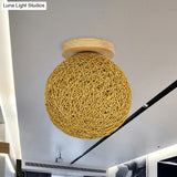 Modernist Rattan Ceiling Mount Light: Blue/Flaxen Globe Shade 6’/8’ Wide 1 Bulb Flush Lighting
