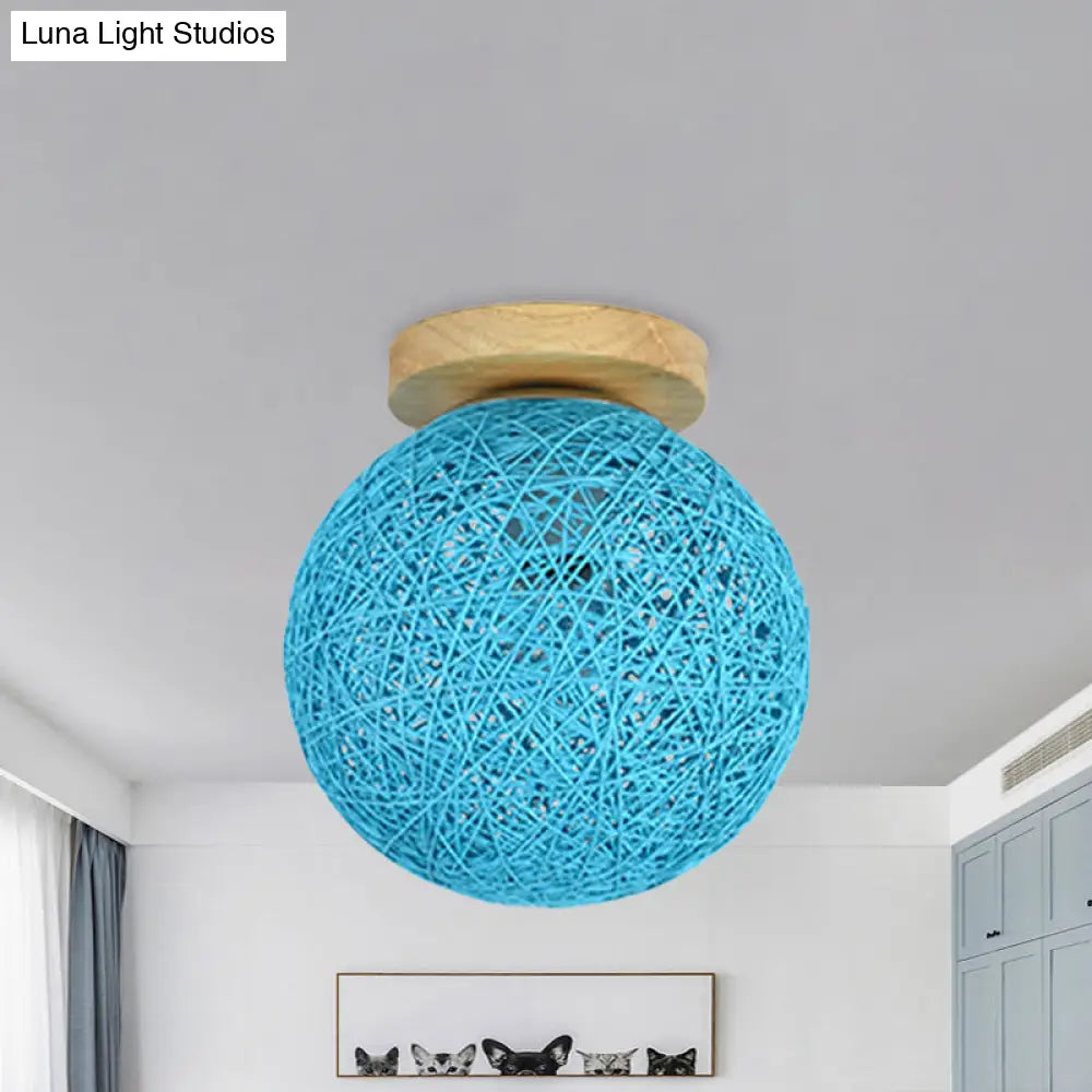 Modernist Rattan Ceiling Mount Light: Blue/Flaxen Globe Shade 6’/8’ Wide 1 Bulb Flush Lighting