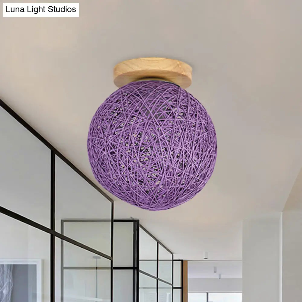 Modernist Rattan Ceiling Mount Light: Blue/Flaxen Globe Shade 6’/8’ Wide 1 Bulb Flush Lighting