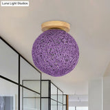 Modernist Rattan Ceiling Mount Light: Blue/Flaxen Globe Shade 6’/8’ Wide 1 Bulb Flush Lighting