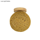 Modernist Rattan Ceiling Mount Light: Blue/Flaxen Globe Shade 6’/8’ Wide 1 Bulb Flush Lighting