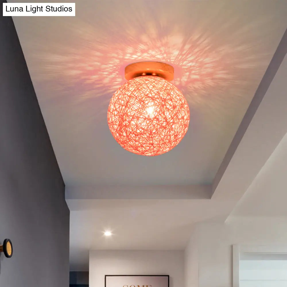 Modernist Rattan Ceiling Mount Light: Blue/Flaxen Globe Shade 6’/8’ Wide 1 Bulb Flush Lighting