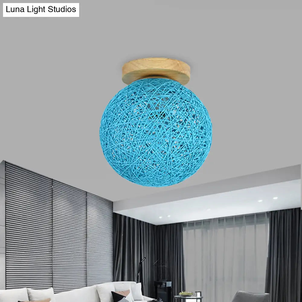 Modernist Rattan Ceiling Mount Light: Blue/Flaxen Globe Shade 6’/8’ Wide 1 Bulb Flush Lighting