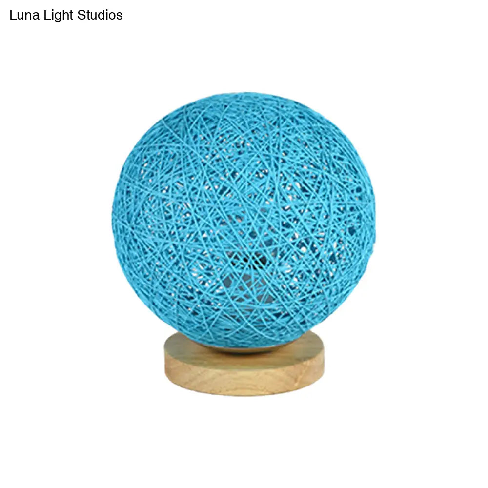 Modernist Rattan Ceiling Mount Light: Blue/Flaxen Globe Shade 6’/8’ Wide 1 Bulb Flush Lighting
