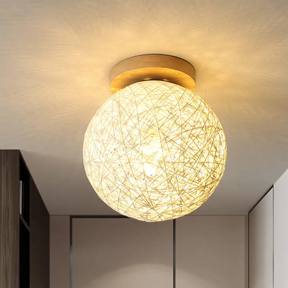 Modernist Rattan Ceiling Mount Light: Blue/Flaxen Globe Shade 6’/8’ Wide 1 Bulb Flush Lighting