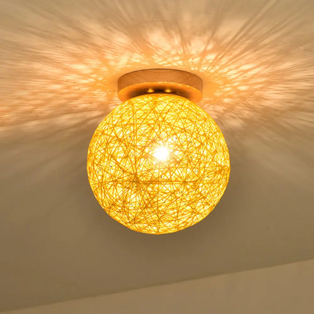 Modernist Rattan Ceiling Mount Light: Blue/Flaxen Globe Shade 6’/8’ Wide 1 Bulb Flush Lighting
