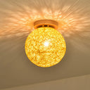 Modernist Rattan Ceiling Mount Light: Blue/Flaxen Globe Shade 6’/8’ Wide 1 Bulb Flush Lighting
