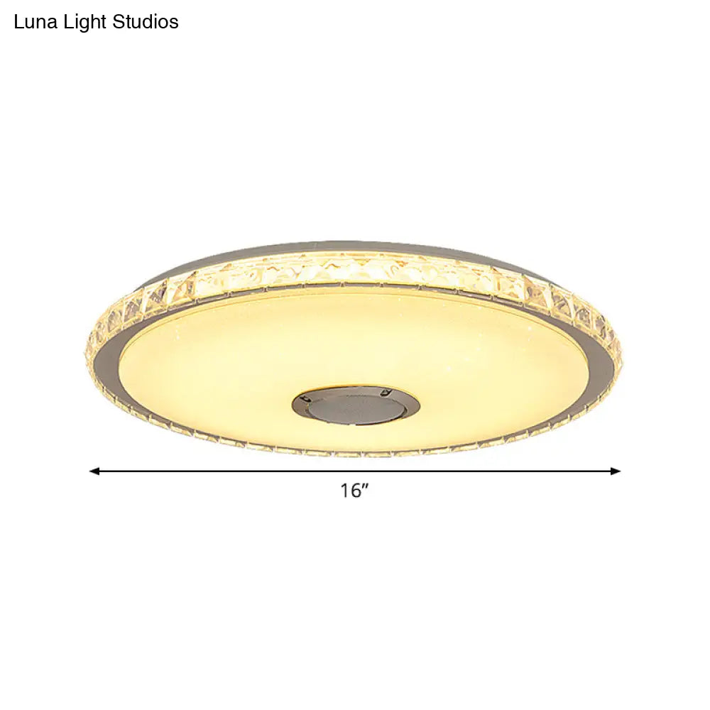Modernist Slim Round Flush Mount Crystal Block Led Ceiling Fixture In Chrome - 16’/19.5’ W For