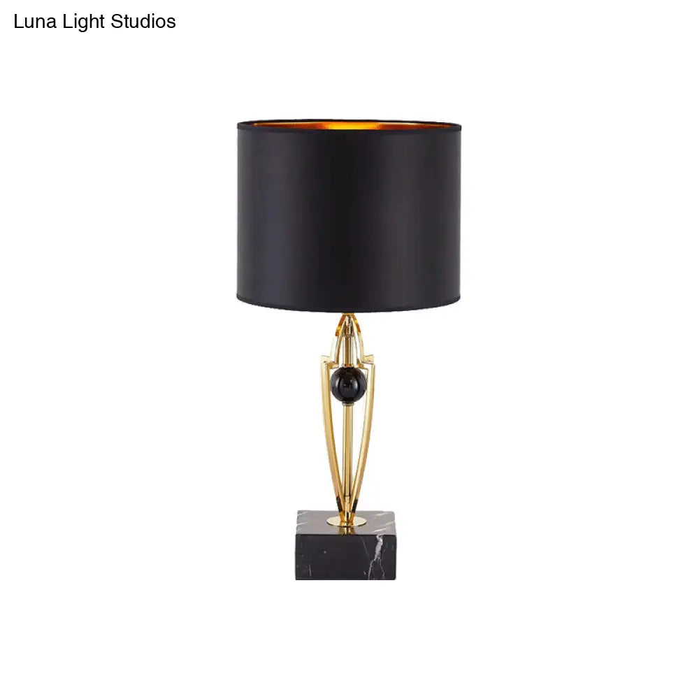 Modernist Small Black Desk Lamp With Marble Base - Fabric Drum Task Light For Efficient Lighting