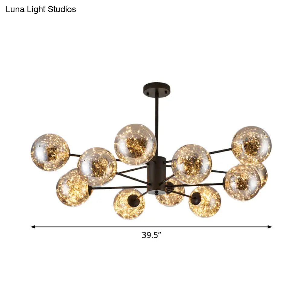 Modernist Smoke Grey Glass Led Pendant Chandelier - Global Design With Inner Glowing String