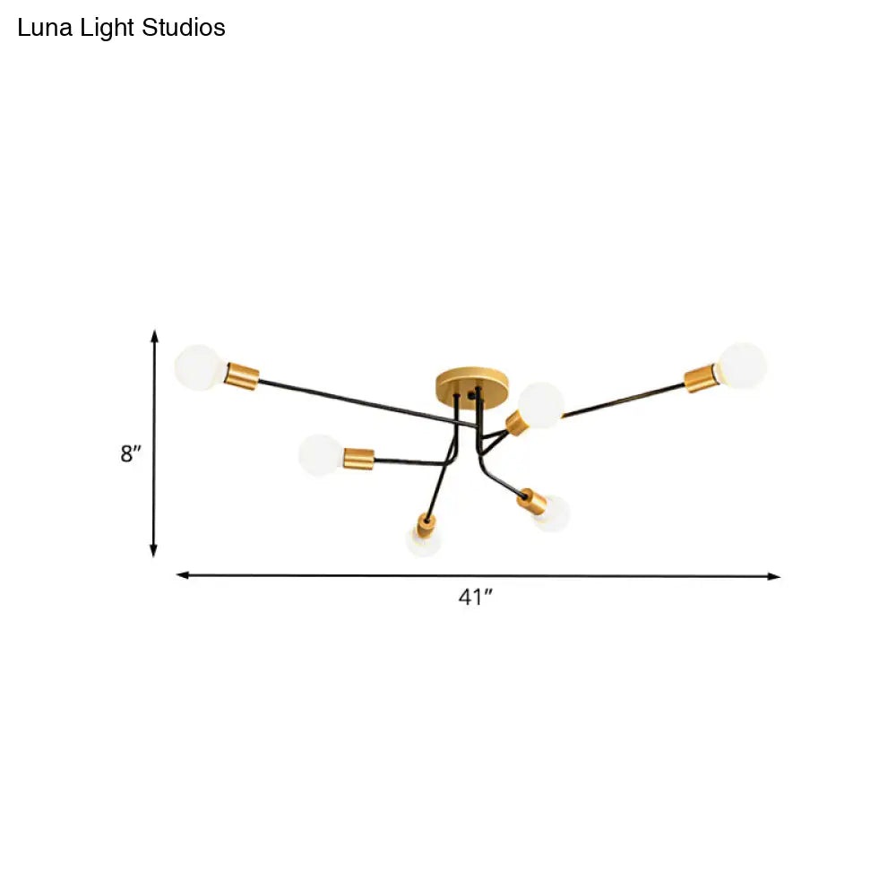 Modernist Sputnik Semi Flush Mount Light - Gold & Black Finish 6 Bulbs Close To Ceiling