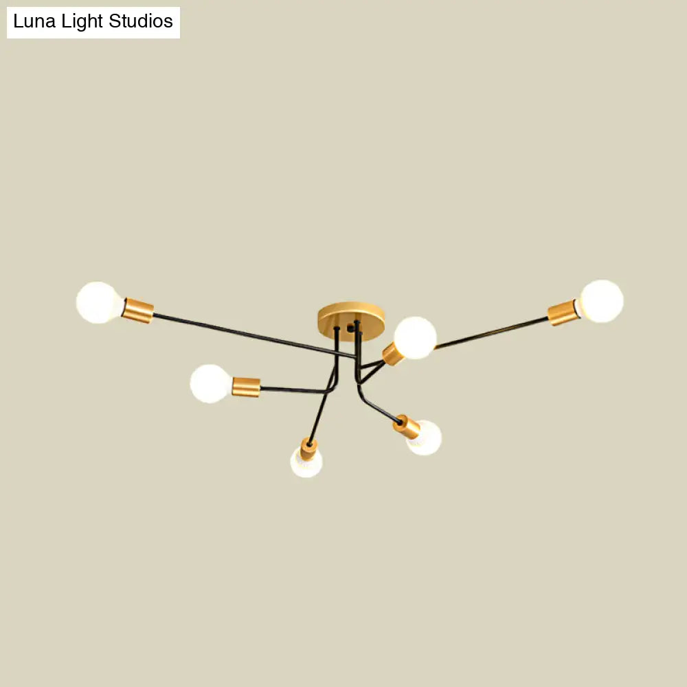 Modernist Sputnik Semi Flush Mount Light - Gold & Black Finish 6 Bulbs Close To Ceiling